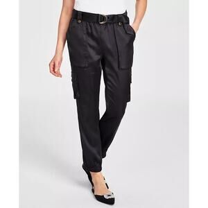 INC International Concepts NWT High Rise Belted Satin Cargo Jog Pants,M,BLK